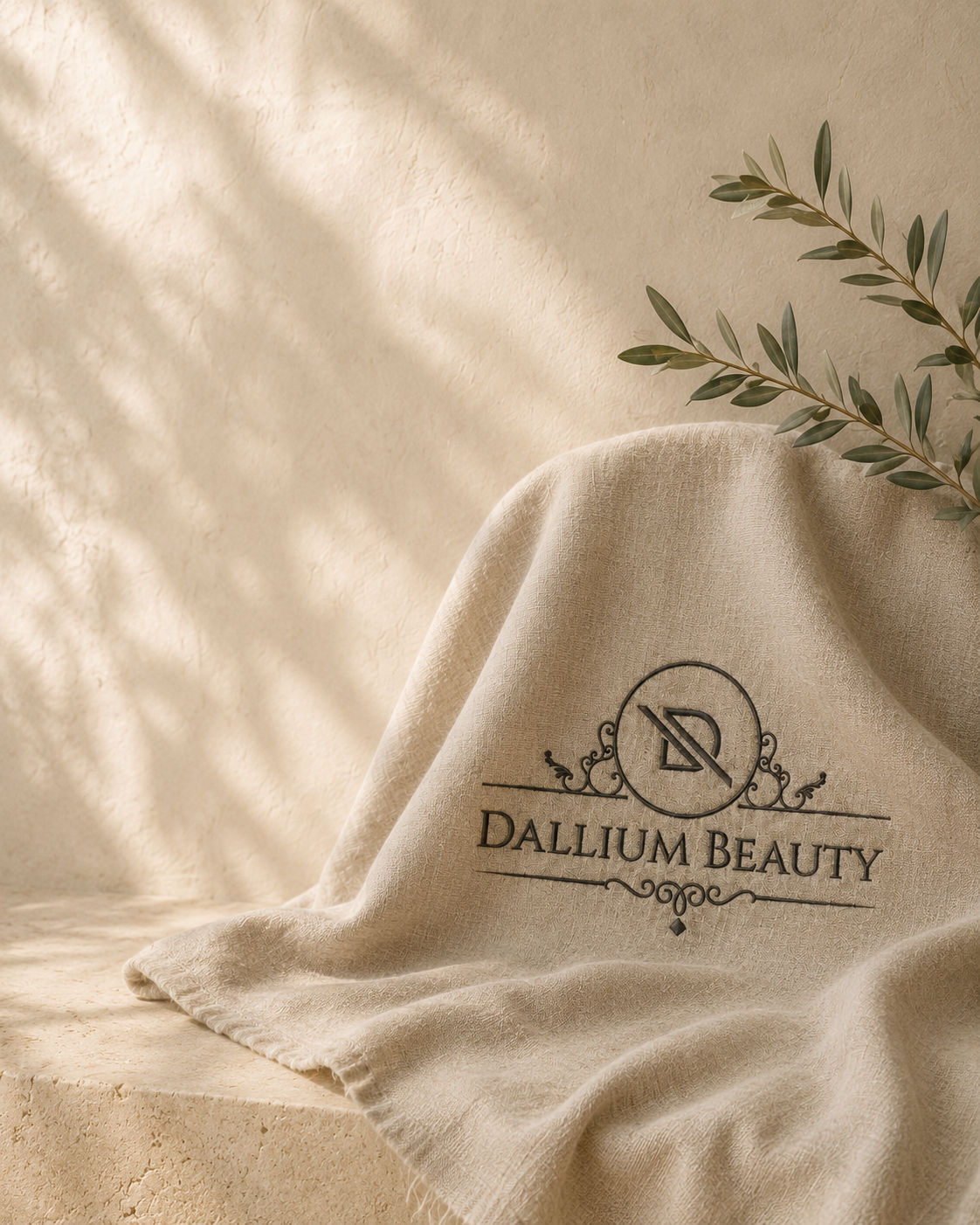 Botanical ingredients with a ceramic mortar and linen