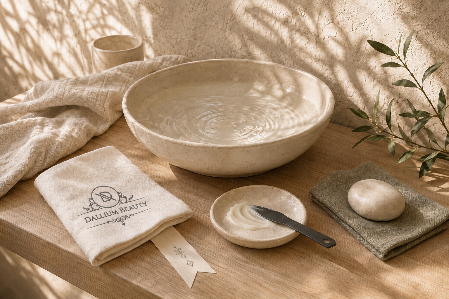 Dallium Beauty skincare displayed with natural textures and greenery