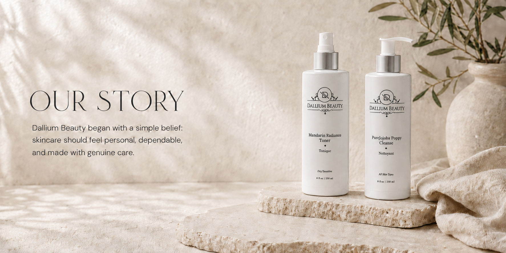 Dallium Beauty skincare products in a warm botanical setting
